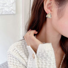 Load image into Gallery viewer, Jewelblings Chic Designer Golden and Full CZ Wire Triangle Shape Imitated Brown Pearl Stud Earrings for Girl Women
