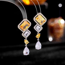 Load image into Gallery viewer, Jewelblings Designer Long Green and Clear Stone Teardrop Earrings Geometrical Jewelry for Formal Occasion Event
