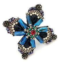 Load image into Gallery viewer, Jewelblings Retro Vintage Dark Blue Crystal Rhinestone Cross Style Flower Brooches Gold Tone Faceted Four Petal Flower Pins for Women Suit
