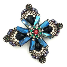 Load image into Gallery viewer, Jewelblings Retro Vintage Dark Blue Crystal Rhinestone Cross Style Flower Brooches Gold Tone Faceted Four Petal Flower Pins for Women Suit
