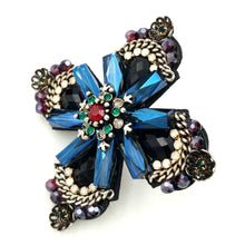 Load image into Gallery viewer, Jewelblings Retro Vintage Dark Blue Crystal Rhinestone Cross Style Flower Brooches Gold Tone Faceted Four Petal Flower Pins for Women Suit
