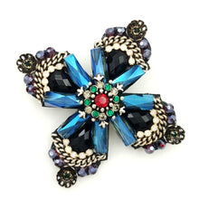 Load image into Gallery viewer, Jewelblings Retro Vintage Dark Blue Crystal Rhinestone Cross Style Flower Brooches Gold Tone Faceted Four Petal Flower Pins for Women Suit
