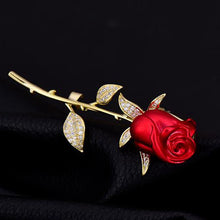 Load image into Gallery viewer, Jewelblings Romance Elegant CZ Leaf Golden Long Thorns Stem Enchanting Red Rose Bud Pin Broaches Enamel Floral Date Anniversary Gift Jewelry
