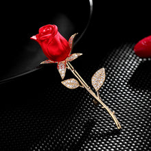 Load image into Gallery viewer, Jewelblings Romance Elegant CZ Leaf Golden Long Thorns Stem Enchanting Red Rose Bud Pin Broaches Enamel Floral Date Anniversary Gift Jewelry
