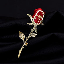 Load image into Gallery viewer, Jewelblings Romance Elegant CZ Leaf Golden Long Thorns Stem Enchanting Red Rose Bud Pin Broaches Enamel Floral Date Anniversary Gift Jewelry
