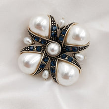 Load image into Gallery viewer, Jewelblings Royal Vintage Blue Crystal Ribbon &amp; Imitated Pear Shaped Pearl Cross Brooches Pins Classic Religious Jewelry for Women Outfit
