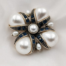 Load image into Gallery viewer, Jewelblings Royal Vintage Blue Crystal Ribbon &amp; Imitated Pear Shaped Pearl Cross Brooches Pins Classic Religious Jewelry for Women Outfit

