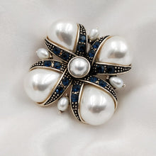 Load image into Gallery viewer, Jewelblings Royal Vintage Blue Crystal Ribbon &amp; Imitated Pear Shaped Pearl Cross Brooches Pins Classic Religious Jewelry for Women Outfit
