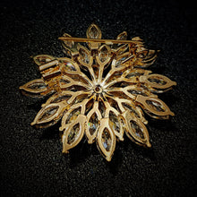 Load image into Gallery viewer, Jewelblings Shiny Gold Tone Tiered Snowflake Brooch with Marquise Accent Round Flower Winter Holiday Jewelry
