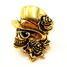 Load image into Gallery viewer, Jewelblings Steampunk Stylish Gold Metal Work Rose Skull with Hat Pin Brooch Halloween Unisex Gothic Punk Themed Party Costume Accessory
