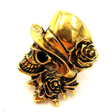 Load image into Gallery viewer, Jewelblings Steampunk Stylish Gold Metal Work Rose Skull with Hat Pin Brooch Halloween Unisex Gothic Punk Themed Party Costume Accessory
