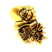 Load image into Gallery viewer, Jewelblings Steampunk Stylish Gold Metal Work Rose Skull with Hat Pin Brooch Halloween Unisex Gothic Punk Themed Party Costume Accessory
