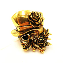 Load image into Gallery viewer, Jewelblings Steampunk Stylish Gold Metal Work Rose Skull with Hat Pin Brooch Halloween Unisex Gothic Punk Themed Party Costume Accessory
