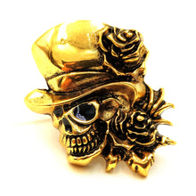Load image into Gallery viewer, Jewelblings Steampunk Stylish Gold Metal Work Rose Skull with Hat Pin Brooch Halloween Unisex Gothic Punk Themed Party Costume Accessory
