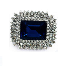 Load image into Gallery viewer, Stunning Trio Row Clear Crystal Surrounded Dark Blue Rectangle Shaped Broaches Geometry Pins Art Deco Costume Vintage Jewelry
