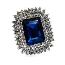 Load image into Gallery viewer, Stunning Trio Row Clear Crystal Surrounded Dark Blue Rectangle Shaped Broaches Geometry Pins Art Deco Costume Vintage Jewelry
