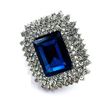 Load image into Gallery viewer, Stunning Trio Row Clear Crystal Surrounded Dark Blue Rectangle Shaped Broaches Geometry Pins Art Deco Costume Vintage Jewelry
