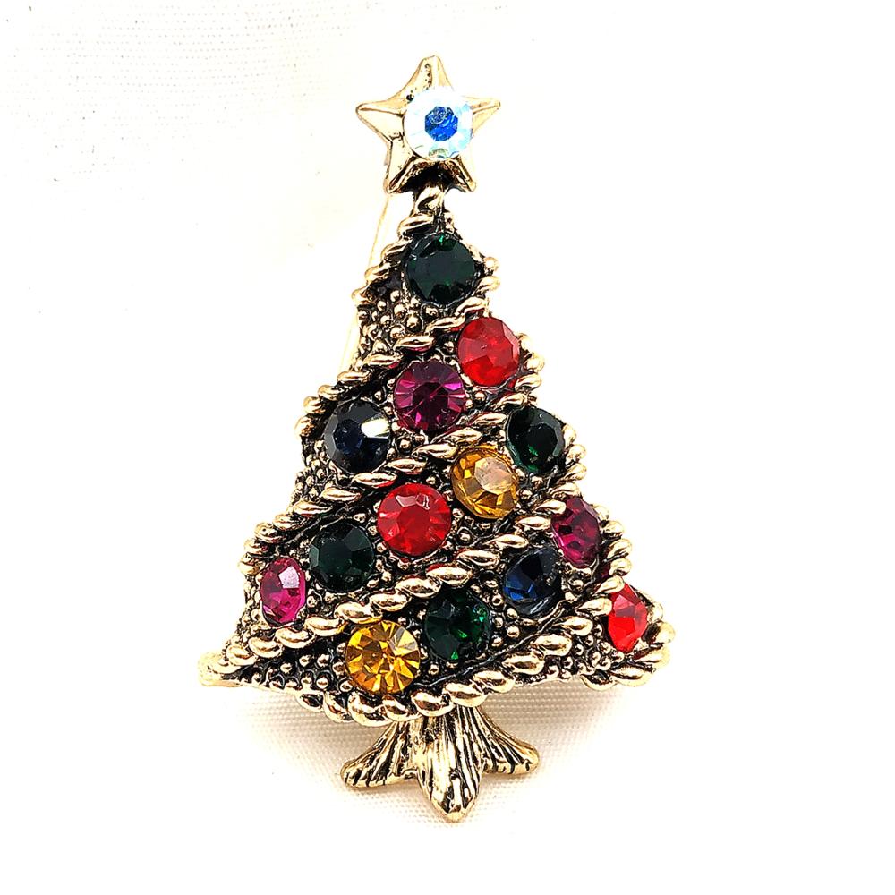 Jewelblings Stunning Vintage Golden Braided Colorful Crystal Christmas Tree Brooches and Pins for Family Best Friends Winter Holiday Jewelry