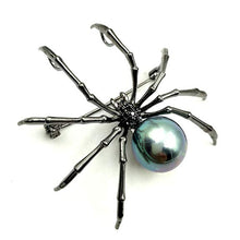 Load image into Gallery viewer, Jewelblings Victorian Style Black Mother of Pearl Spider Brooches Black Tone Micro Pave CZ Head Halloween Spider Pins Costume Insect Jewelry
