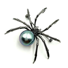 Load image into Gallery viewer, Jewelblings Victorian Style Black Mother of Pearl Spider Brooches Black Tone Micro Pave CZ Head Halloween Spider Pins Costume Insect Jewelry
