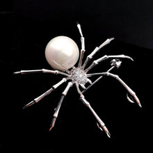 Load image into Gallery viewer, Jewelblings Victorian Vintage Micro Pave Clear CZ  Head Imitated White Pearl Spider Brooches Pins for Women Suit Halloween Costume Jewelry
