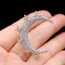 Load image into Gallery viewer, Jewelblings Victorian Vintage Micro Pave Clear Small Golden Stars &amp; White Crescent Moon Brooch Broach for Women Wrap Shawl Scarf  Jewelry
