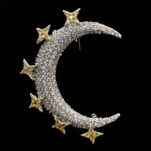 Load image into Gallery viewer, Jewelblings Victorian Vintage Micro Pave Clear Small Golden Stars &amp; White Crescent Moon Brooch Broach for Women Wrap Shawl Scarf  Jewelry
