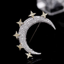 Load image into Gallery viewer, Jewelblings Victorian Vintage Micro Pave Clear Small Golden Stars &amp; White Crescent Moon Brooch Broach for Women Wrap Shawl Scarf  Jewelry
