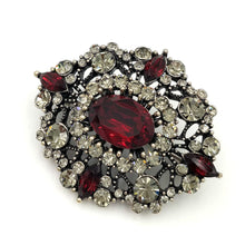 Load image into Gallery viewer, Jewelblings Victorian Vintage Opens Filigree Red Oval Brooches Gold Tone Geometric Foliate Clear Crystal Pave Art Deco Oval Shaped Pins
