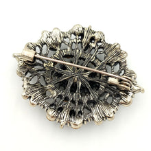 Load image into Gallery viewer, Jewelblings Victorian Vintage Opens Filigree Red Oval Brooches Gold Tone Geometric Foliate Clear Crystal Pave Art Deco Oval Shaped Pins
