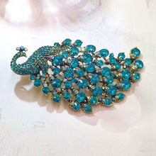 Load image into Gallery viewer, Jewelblings Vintage Gold Tone Blue Crystal Rhinestones 4.22&#39;&#39; Large Peacock Brooch Pin Art Nouveau Jewelry for Summer Holiday Teacher Gift

