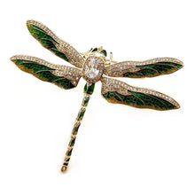 Load image into Gallery viewer, Jewelblings Vintage Green Enameled Oversize Dragonfly Brooches Gold Tone Micro Pave Crystal Winged Big Dragonfly Pins Unisex Insect Jewelry

