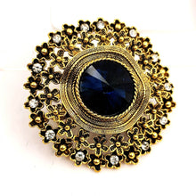 Load image into Gallery viewer, Jewelblings Vintage Look Floral Surrounded Big Dark Blue Round Stone Domed Art Deco Brooch Pin Circlet Costume Sash Cape Coat Shawl Jewelry

