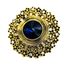 Load image into Gallery viewer, Jewelblings Vintage Look Floral Surrounded Big Dark Blue Round Stone Domed Art Deco Brooch Pin Circlet Costume Sash Cape Coat Shawl Jewelry
