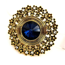 Load image into Gallery viewer, Jewelblings Vintage Look Floral Surrounded Big Dark Blue Round Stone Domed Art Deco Brooch Pin Circlet Costume Sash Cape Coat Shawl Jewelry
