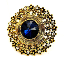 Load image into Gallery viewer, Jewelblings Vintage Look Floral Surrounded Big Dark Blue Round Stone Domed Art Deco Brooch Pin Circlet Costume Sash Cape Coat Shawl Jewelry
