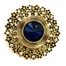 Load image into Gallery viewer, Jewelblings Vintage Look Floral Surrounded Big Dark Blue Round Stone Domed Art Deco Brooch Pin Circlet Costume Sash Cape Coat Shawl Jewelry
