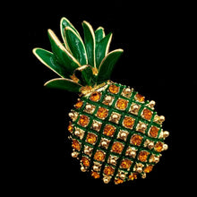 Load image into Gallery viewer, Jewelblings Vintage Micro Pave Yellow Orange Crystal Pineapple Brooch Gold Tone Enamel Leaf Cute Tropical Pineapple Pins Women Beach Jewelry
