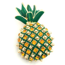 Load image into Gallery viewer, Jewelblings Vintage Micro Pave Yellow Orange Crystal Pineapple Brooch Gold Tone Enamel Leaf Cute Tropical Pineapple Pins Women Beach Jewelry
