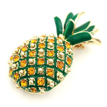 Load image into Gallery viewer, Jewelblings Vintage Micro Pave Yellow Orange Crystal Pineapple Brooch Gold Tone Enamel Leaf Cute Tropical Pineapple Pins Women Beach Jewelry
