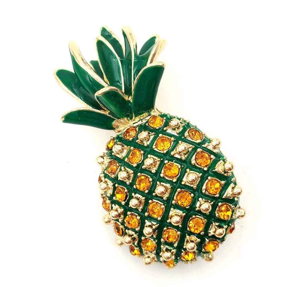 Jewelblings Vintage Micro Pave Yellow Orange Crystal Pineapple Brooch Gold Tone Enamel Leaf Cute Tropical Pineapple Pins Women Beach Jewelry