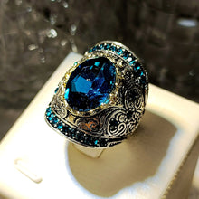 Load image into Gallery viewer, Vintage Silver Scroll Big Blue Oval Stone Wide Face Cocktail Rings Size 8 Hyperbole Design Jewelry
