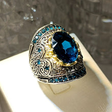 Load image into Gallery viewer, Vintage Silver Scroll Big Blue Oval Stone Wide Face Cocktail Rings Size 8 Hyperbole Design Jewelry
