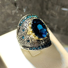 Load image into Gallery viewer, Vintage Silver Scroll Big Blue Oval Stone Wide Face Cocktail Rings Size 8 Hyperbole Design Jewelry
