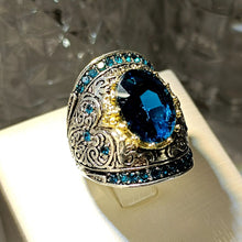 Load image into Gallery viewer, Vintage Silver Scroll Big Blue Oval Stone Wide Face Cocktail Rings Size 8 Hyperbole Design Jewelry
