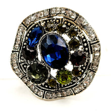 Load image into Gallery viewer, Jewelblings Vintage Silver Tone Round Shaped Olive Green and Dark Blue Stones Brooch Pin Art Deco Jewelry for Women Antique Costume Dressy
