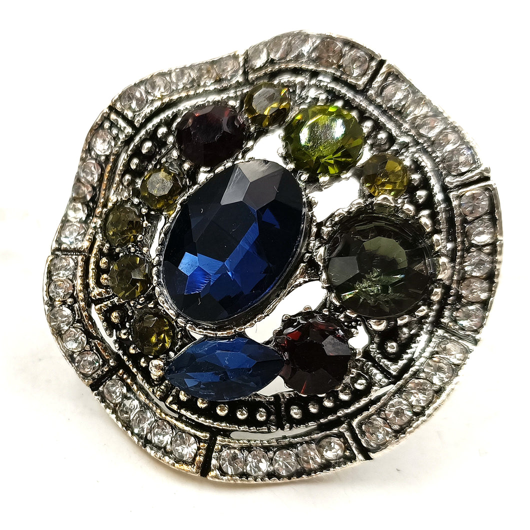 Jewelblings Vintage Silver Tone Round Shaped Olive Green and Dark Blue Stones Brooch Pin Art Deco Jewelry for Women Antique Costume Dressy
