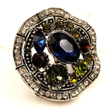 Load image into Gallery viewer, Jewelblings Vintage Silver Tone Round Shaped Olive Green and Dark Blue Stones Brooch Pin Art Deco Jewelry for Women Antique Costume Dressy
