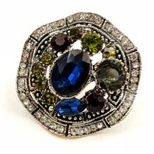 Load image into Gallery viewer, Jewelblings Vintage Silver Tone Round Shaped Olive Green and Dark Blue Stones Brooch Pin Art Deco Jewelry for Women Antique Costume Dressy
