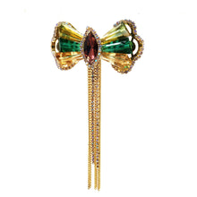 Load image into Gallery viewer, Jewelblings Vintage Style Golden Chain Tassel Green Champagne Rhinestone Bow Brooch Pin for Women Costume Sweater Jackets Coats Jeans Cloth
